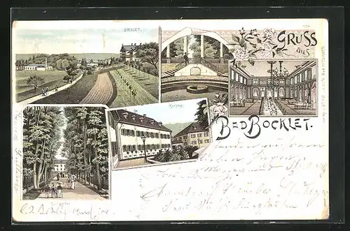 Lithographie Bad Bocklet, Panorama, Kurhaus, Kurgarten, Stahlquelle