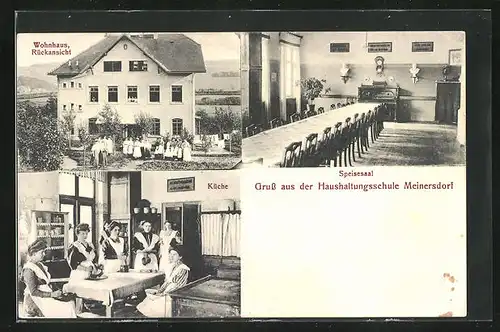 AK Meinersdorf, Haushaltungsschule, Speisesaal, Küche, Rückansicht des Wohnhauses
