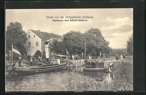 AK Hohenbruch, Gasthaus Alfred Schulze und Dampfschiffe an der Schleuse