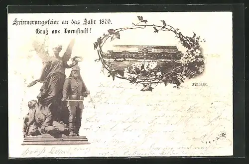 Vorläufer-AK Darmstadt, 1895, Festhalle & Denkmal, Erinnerungsfeier an das Jahr 1870