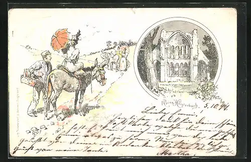 Künstler-AK Königswinter, Ruine Heisterbach, Herrschaften bei einem Ausritt