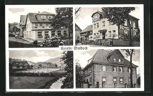 AK Usseln / Waldeck, Hotel zur Post, Upländer Bücherstube v. K. Rummeling, Schwimmbad