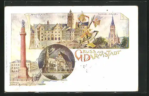 Lithographie Darmstadt, Marktplatz, Ludwigsäule, Martinskirche