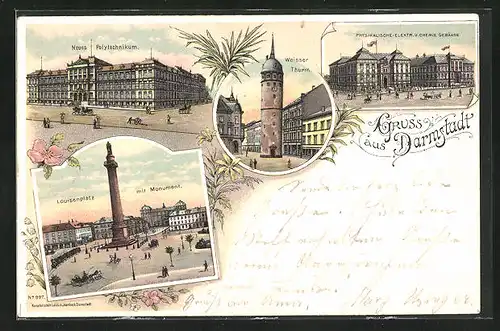 Lithographie Darmstadt, Louisenplatz mit Monument, Neues Polytechnikum, Weisser Turm