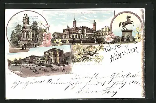 Lithographie Hannover, Bahnhof, Polytechnikum, Kriegerdenkmal, Sachsenross