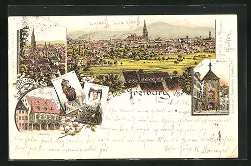 Lithographie Freiburg i. Br., Kaufhaus, Münster, Martinstor, Totalansicht