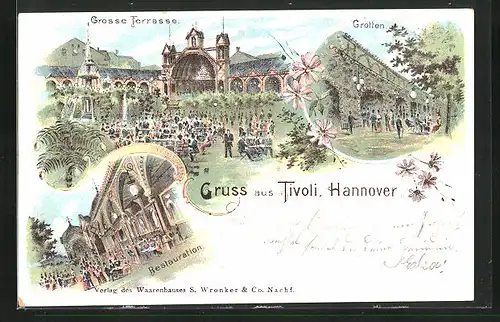 Lithographie Hannover, Restaurant Tivoli, grosse Terrasse und Grotten