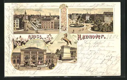 Lithographie Hannover, Bahnhof, Bahnhofstrasse, Ernst-Augsut-Platz, Sachsenross