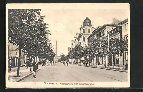 AK Darmstadt, Rheinstrasse mit Ludwigssäule