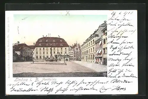 Goldfenster-AK Lindau / Bodensee, Marktplatz und Gebäude mit leuchtenden Fenstern