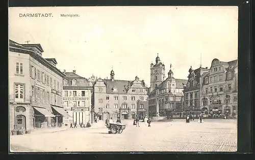 AK Darmstadt, Marktplatz mit Geschäftshäusern