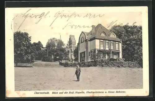 AK Darmstadt, Blick auf Russ. Kapelle, Hochzeitsturm und Haus Behrens
