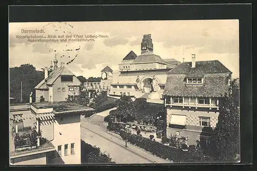 AK Darmstadt, Blick auf Ernst Ludwig-Haus, Ausstellungshaus und Hochzeitsturm