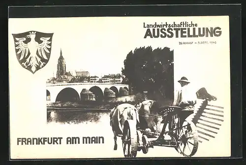 AK Frankfurt / Main, Landwirtschaftliche Ausstellung 1948, Stadtansicht und Pferdepflug