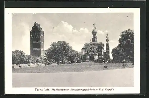 AK Darmstadt, Hochzeitsturm, Ausstellungsgebäude und Russ. Kapelle