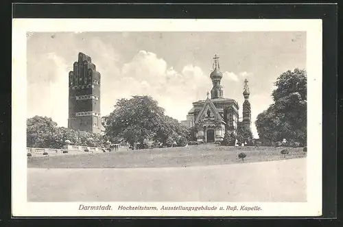 AK Darmstadt, Hochzeitsturm, Ausstellungsgebäude und Russ. Kapelle