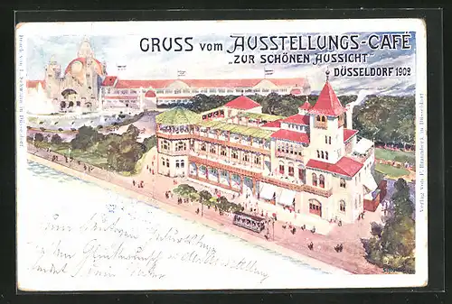 Lithographie Düsseldorf, Industrie- und Gewerbe-Ausstellung 1902, Blick auf das Ausstellungs-Café Zur schönen Aussicht