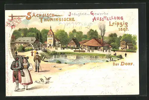 Lithographie Leipzig, Sächs.-Thür. Industrie & Gewerbe-Ausstellung 1897, Blick auf das Dorf