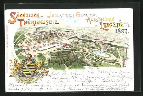 Lithographie Leipzig, Sächs.-Thür. Industrie & Gewerbe-Ausstellung 1897, Panoramablick auf das Ausstellungsgelände
