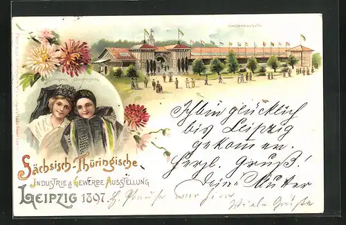 Lithographie Leipzig, Sächs.-Thür. Industrie & Gewerbe-Ausstellung 1897, Gartenbauhalle, zwei Altenburgerinnen in Tracht