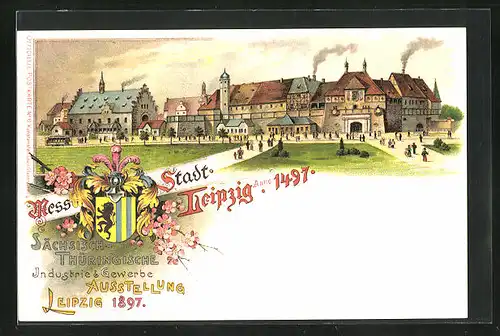 Lithographie Leipzig, Sächs.-Thür. Industrie & Gewerbe-Ausstellung 1897, Stadtansicht im Jahre 1497