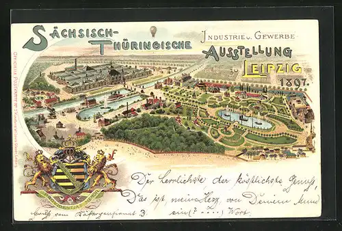 Lithographie Leipzig, Sächs.-Thür. Industrie & Gewerbe-Ausstellung 1897, Panorama und Stadtwappen