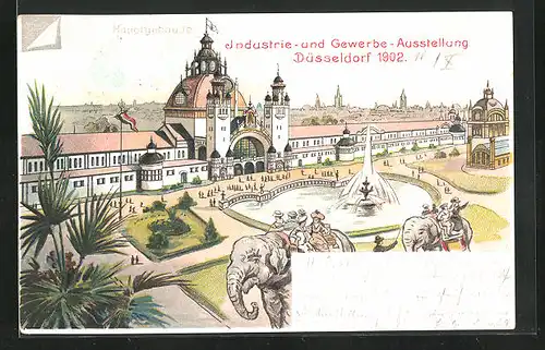 Lithographie Düsseldorf, Industrie und Gewerbe-Ausstellung 1902, Hauptgebäude und berittene Elefanten