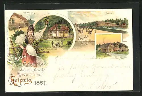 Lithographie Leipzig, Sächs.-Thür. Industrie & Gewerbe-Ausstellung 1897, Brücke, Bauernhaus und Thüringer Waldhütte