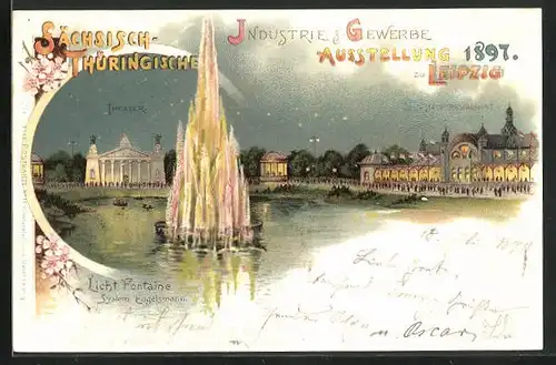 Lithographie Leipzig, Sächs.-Thür. Industrie & Gewerbe-Ausstellung 1897, Licht-Fontaine, Theater und Hauptrestaurant