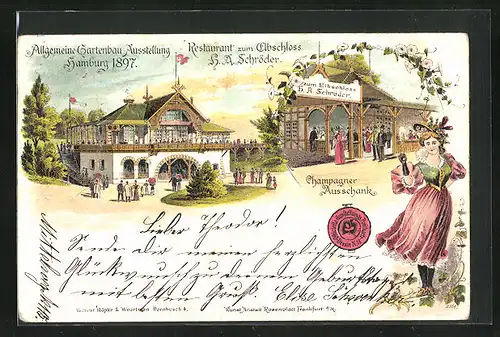 Lithographie Hamburg, Allgemeine Gartenbau-Ausstellung 1897, Restaurant zum Elbschloss v. H. A. Schröder
