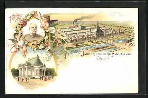Lithographie Leipzig, Sächs.-Thür. Industrie & Gewerbe-Ausstellung 1897, Haupthalle, Königs-Pavillon, Kaiserportrait
