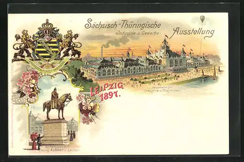 Lithographie Leipzig, Sächs.-Thür. Industrie & Gewerbe-Ausstellung 1897, Reiterstandbild König Albert, Haupthalle
