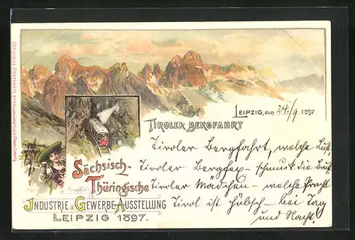 Lithographie Leipzig, Sächs.-Thür. Industrie & Gewerbe-Ausstellung 1897, Tiroler Bergfahrt, Bergbahn