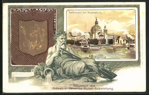 Lithographie Düsseldorf, Industrie-Gewerbe-Kunst-Ausstellung 1902, Hafenplatz und Wappen
