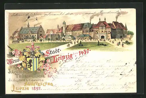 Lithographie Leipzig, Sächs.-Thür. Industrie und Gewerbe-Ausstellung 1897, Stadtansicht um 1497