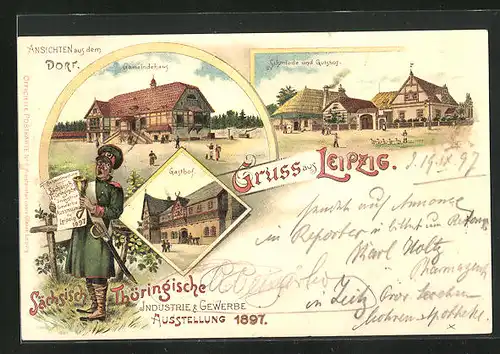 Lithographie Leipzig, Sächs.-Thür. Industrie und Gewerbe-Ausstellung 1897, Gemeindehaus, Schmiede und Gutshof