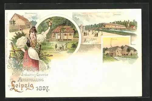 Lithographie Leipzig, Sächs.-Thür. Industrie und Gewerbe-Ausstellung 1897, Mühle, Brücke, Bauernhaus
