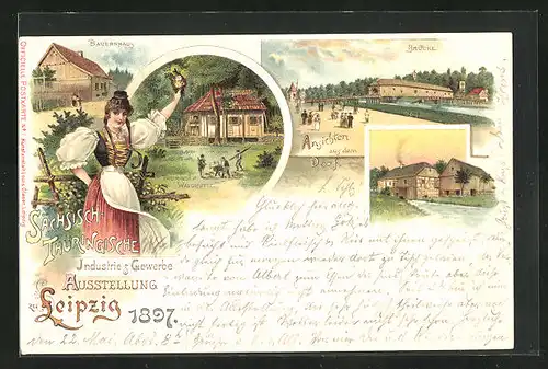 Lithographie Leipzig, Sächs.-Thür. Industrie und Gewerbe-Ausstellung 1897, Brücke, Thüringer Waldhütte, Bauernhaus