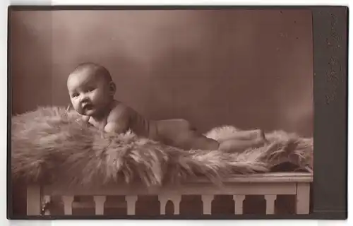 Fotografie Carl Gratze, Kray-Nrd., Portrait nackiges Kleinkind bäuchlings auf Fell liegend