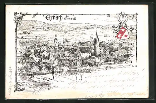 Lithographie Erbach i. O., Panoramablick auf den Ort, Wappen