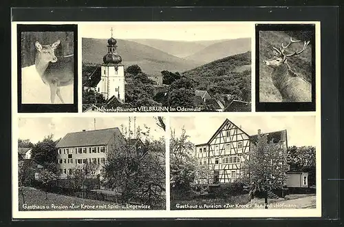 AK Vielbrunn /Odenwald, Gasthaus zur Krone, Teilansicht mit Kirche