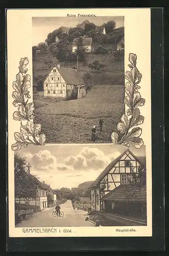 AK Gammelsbach i. Odw., Ruine Freienstein, Hauptstrasse und Mann mit Fahrrad