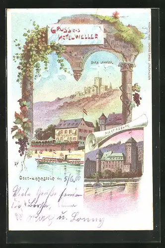 Lithographie Oberlahnstein, Hotel Weller und Burg Lahneck, Martinsburg