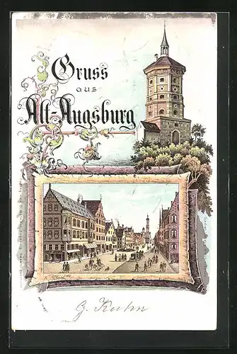 Lithographie Alt-Augsburg, Strassenpartie mit Gebäudeansicht