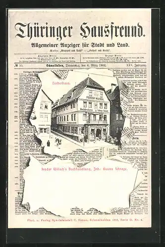 Zeitungs-AK Schmalkalden, Lutherhaus mit Feodor Wilisch`s Buchhandlung durch zerrissenes Papier, Thüringer Hausfreund