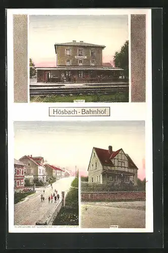 AK Hösbach, Strassenpartie mit Geschäftshaus von Josef Steigerwald, Bahnhof, Schule