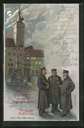 Lithographie Würzburg, Strassenpartie mit Brunnen und Nachtwächtern