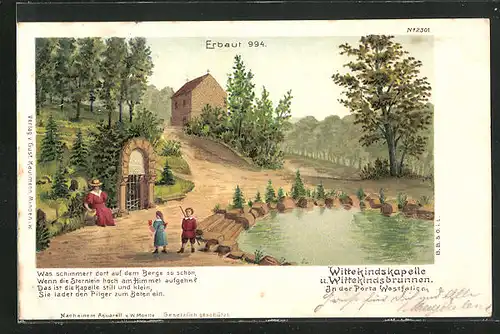 Künstler-AK Porta Westfalica, Wittekindsberg, Wittekindsbrunnen und -kapelle