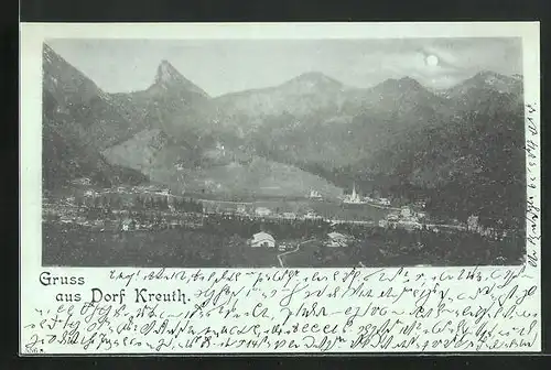 Mondschein-AK Kreuth, Ortsansicht aus der Vogelschau