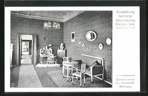 AK München, Ausstellung bemalter Wohnräume 1909, Damenzimmer einer herrschaftlichen Wohnung